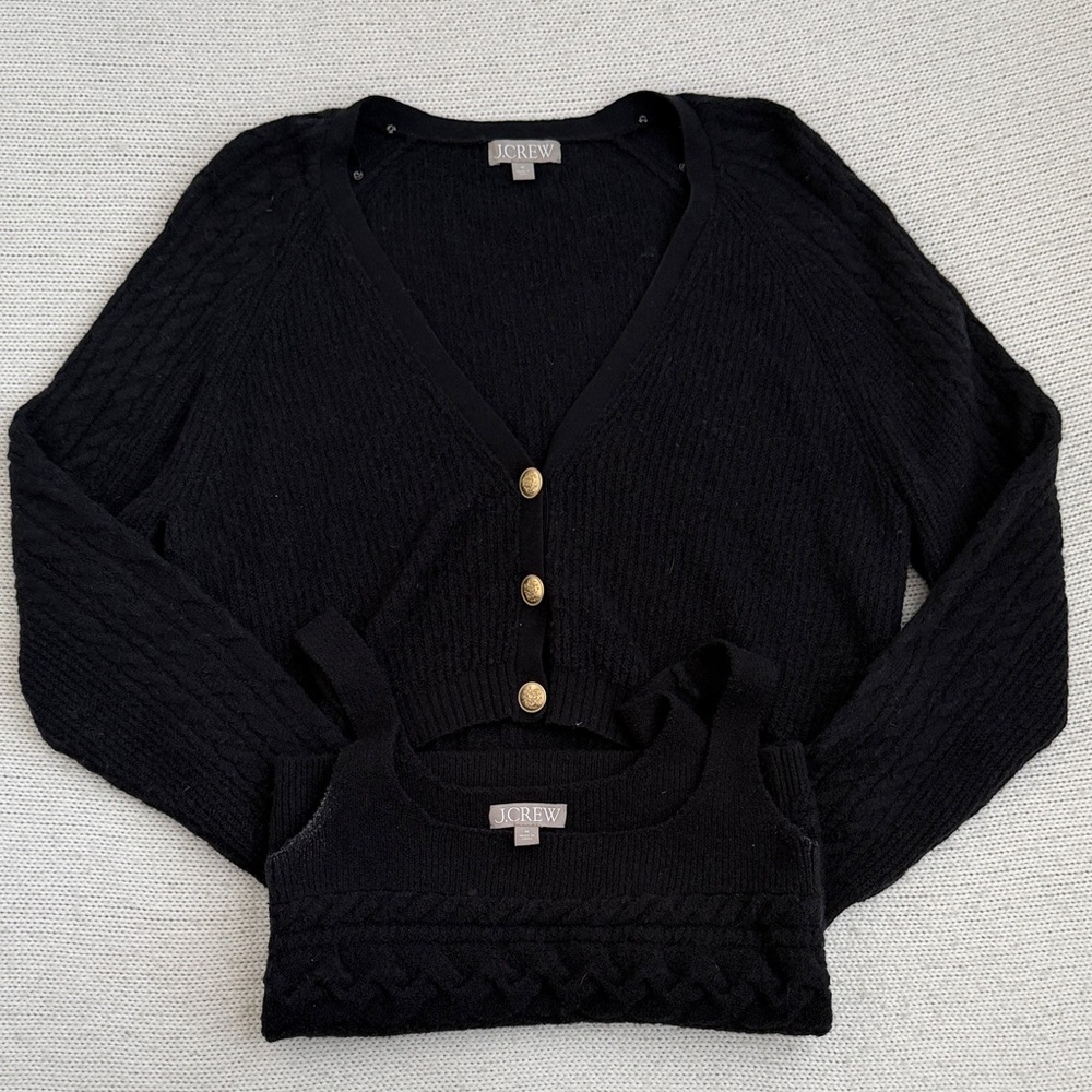 J Crew Merino Wool/Alpaca Tank and Cardigan Sweater Set Black Size Medium - Picture 1 of 13